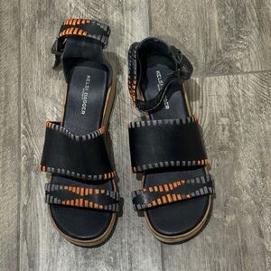 Kelsi Dagger Black Sandals with Orange and Gray Stitching